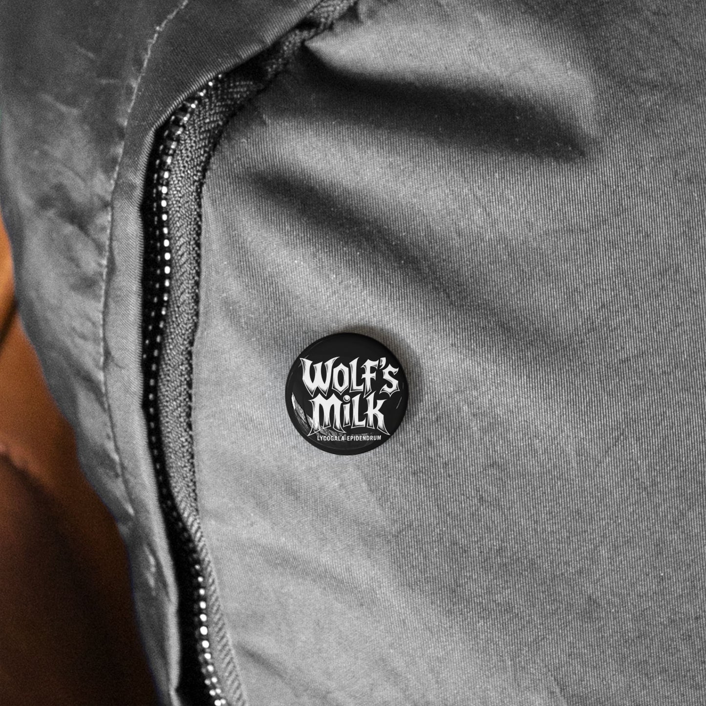 Unique, Wolf's Milk, Forest Slime Mold, Button Badge.  A Rock Band Styled Design Of Metal, Music and Mycology To Accessorize Any Material Pinned.