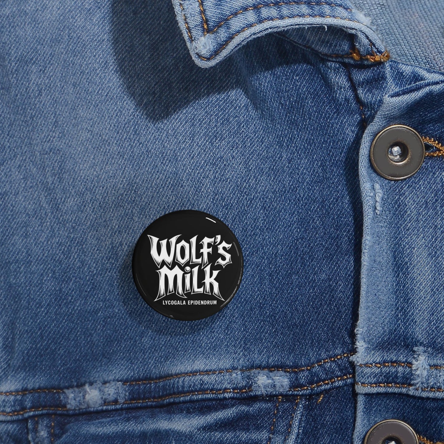 Unique, Wolf's Milk, Forest Slime Mold, Button Badge.  A Rock Band Styled Design Of Metal, Music and Mycology To Accessorize Any Material Pinned.