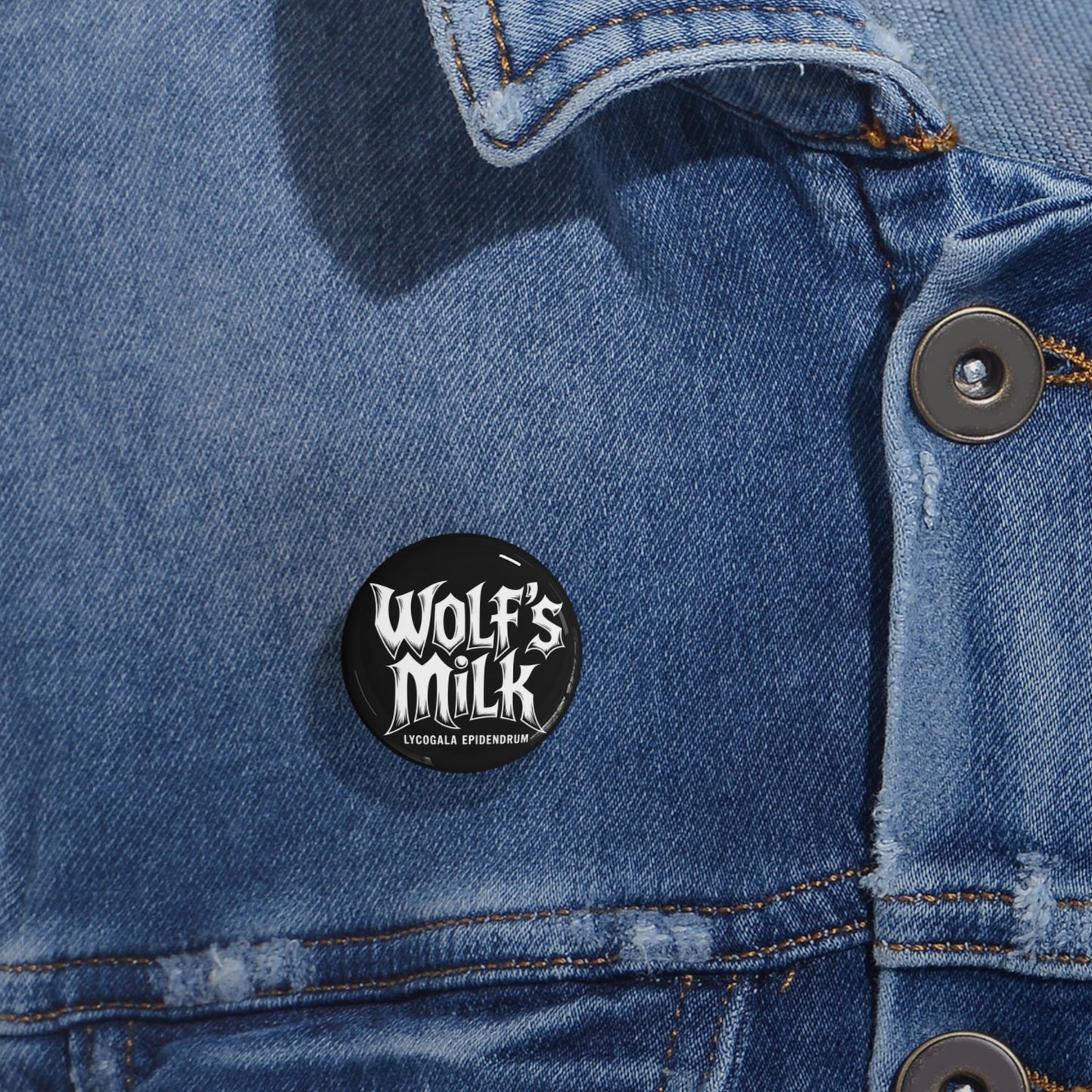 Unique, Wolf's Milk, Forest Slime Mold, Button Badge.  A Rock Band Styled Design Of Metal, Music and Mycology To Accessorize Any Material Pinned.