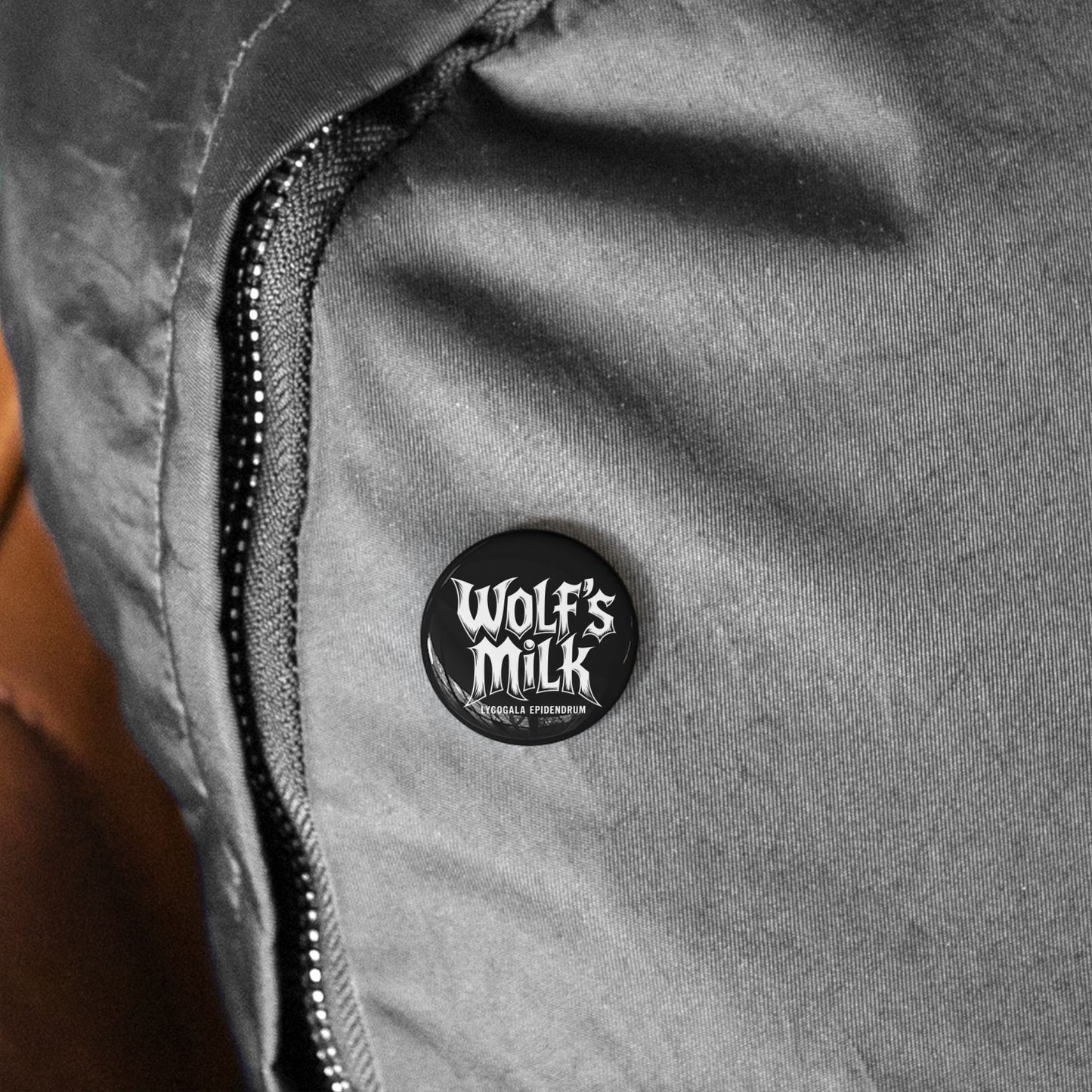 Unique, Wolf's Milk, Forest Slime Mold, Button Badge.  A Rock Band Styled Design Of Metal, Music and Mycology To Accessorize Any Material Pinned.