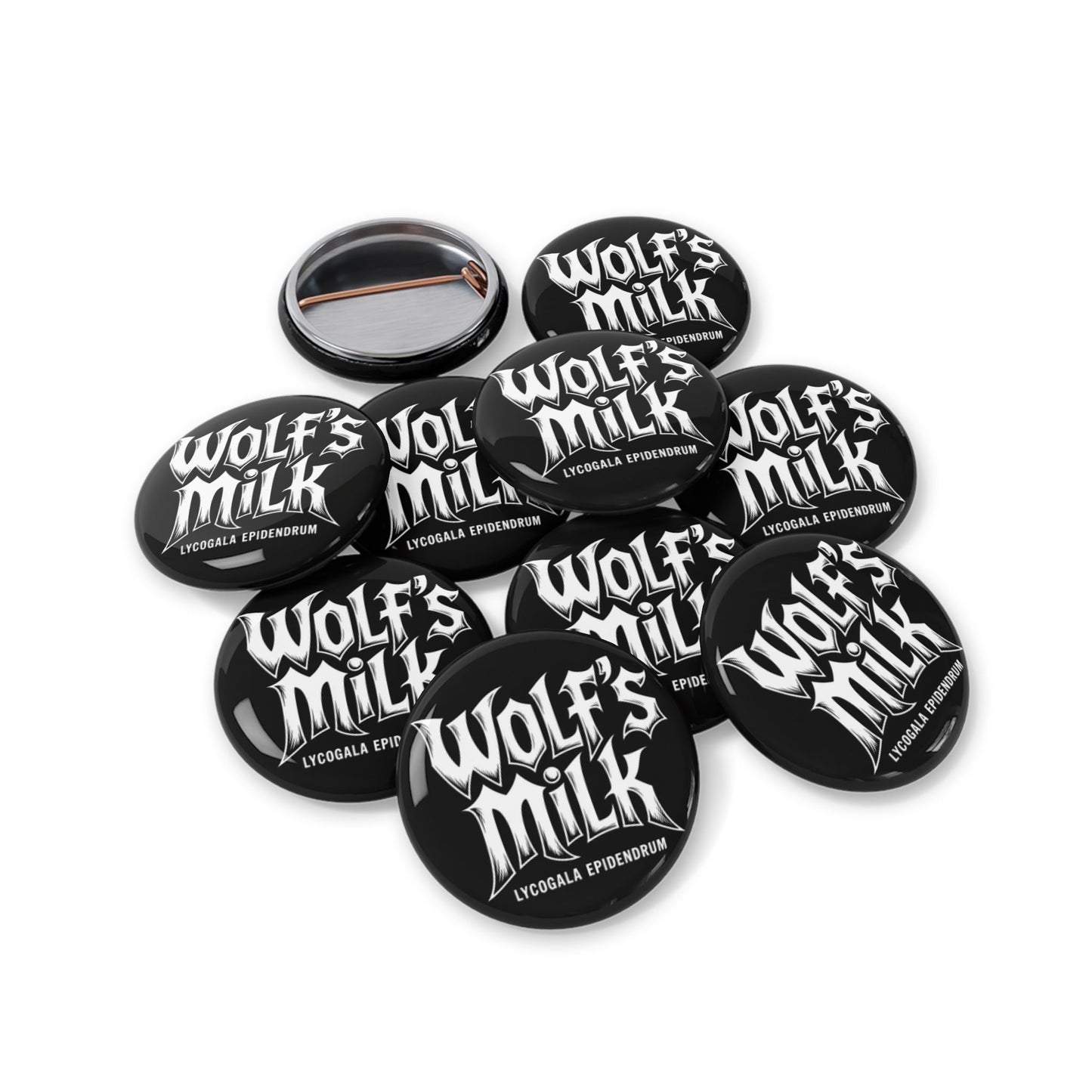 Unique, Wolf's Milk, Forest Slime Mold, Button Badge.  A Rock Band Styled Design Of Metal, Music and Mycology To Accessorize Any Material Pinned.